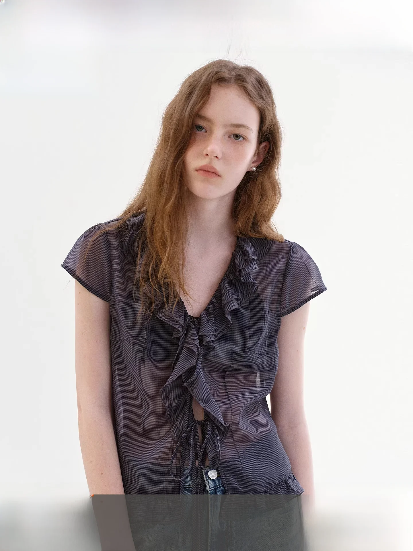 

Fano Anti-Aging Sweet Cool Style Short Sleeve Shirt Women's V-Neck Tunic with Belt Summer New Plaid Design Breathable Thin Po...