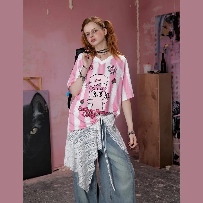 

2025 Sports Style V-neck Quick Drying Short Sleeved T-shirt with A Girl's Feel, Bright Color Stripes, 3D Printed Jersey