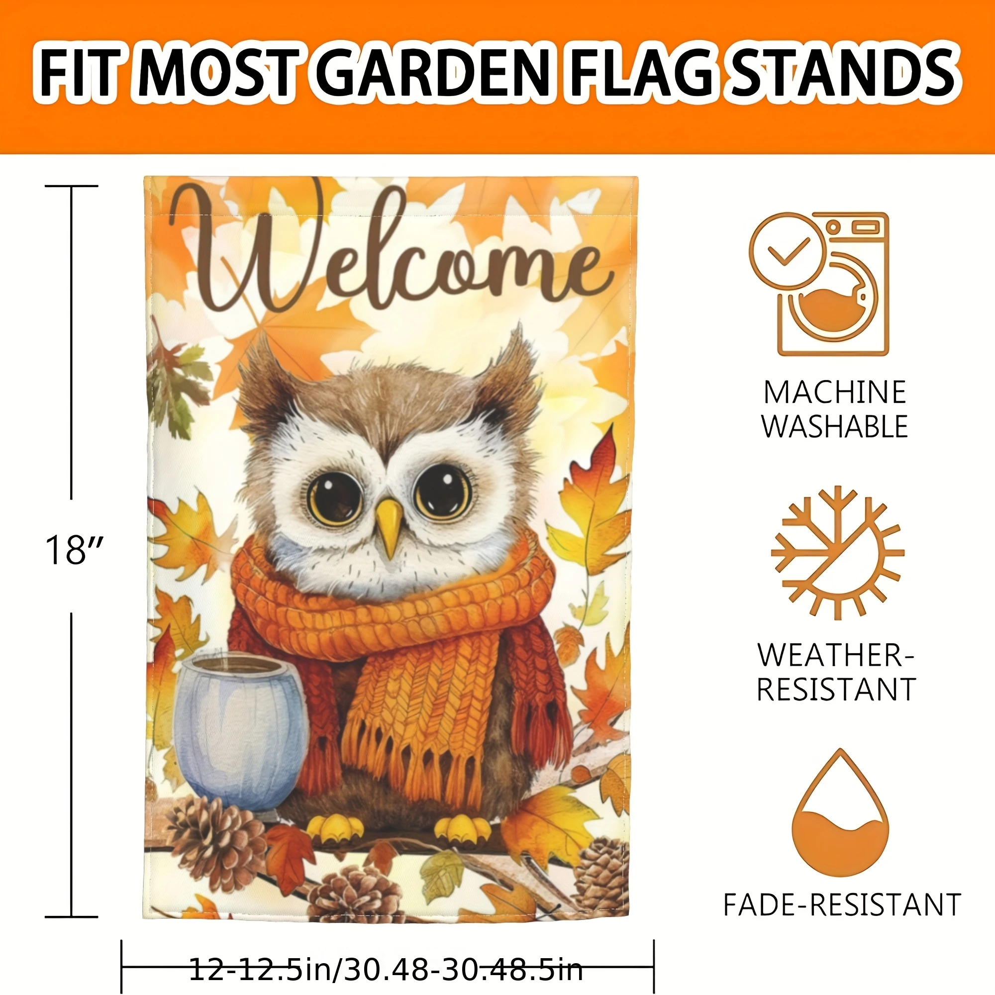 1pc of Autumn Welcome Owl with Scarf Garden Flag, Farmhouse Flag, Home Decor, Outdoor Decor, Yard Decor, Garden Decor, Printed Yard Garden Flag, No Flagpole, 12×18 Inches