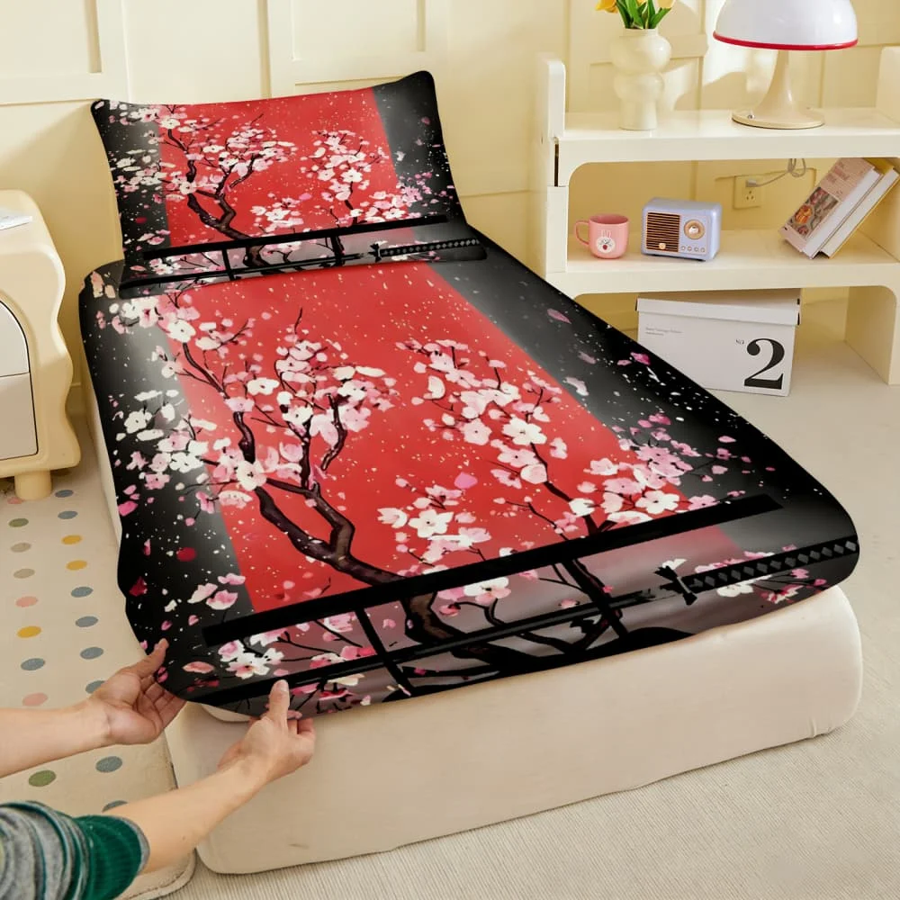 1pc Japanese Cherry Blossom Red Print Fitted Sheet Deep Pocket Elastic Mattress Cover Single Double Queen King Bedroom Decor