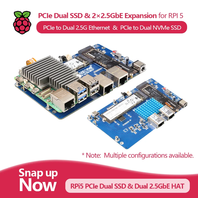 

(Model: MPSD2.5GD) Raspberry Pi 5 PCIe to Dual SSD and Dual 2.5G Ethernet Expansion Board, BOOTS without driver required