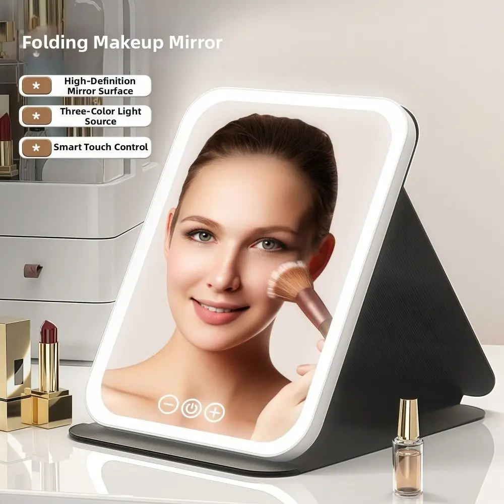 3色ライトLED化粧鏡折りたたみ式角度調整可能フィルライトバニティミラーポータブル充電式フェイシャルメイクアップミラー