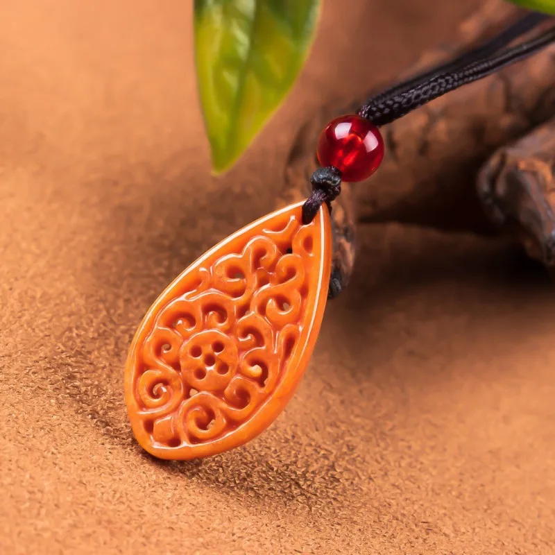

Natural Emerald Burmese Red Jade Hollow Plum Blossom Water Droplet Pendant Amulets Jewelry Gifts Certificate Sweater Chain