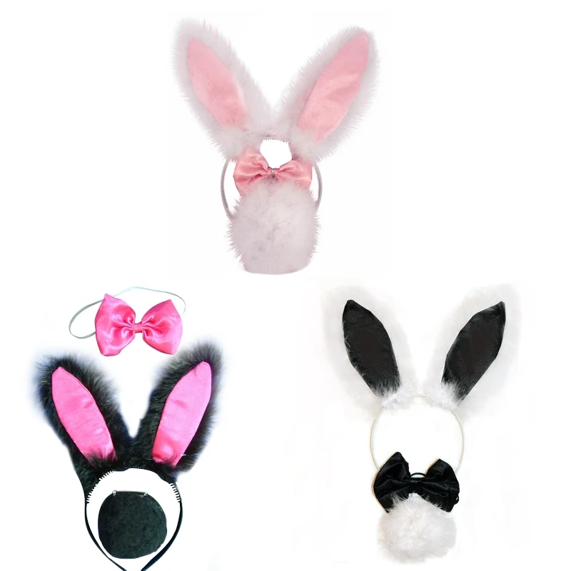 3pcs Cartoon Plush Bunny Ear Shape Hairband Bowtie and Tail Suit Cosplay Accessories for Adult Kid Party Costume