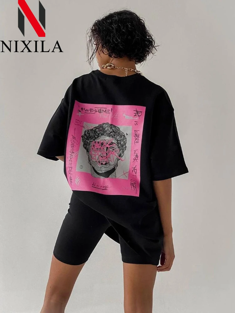 Summer Women Knit T-Shirts Hip Hop Breathable Short Sleeve Tops Streetwear Printed Casual Oversized T Shirt for Women Clothes