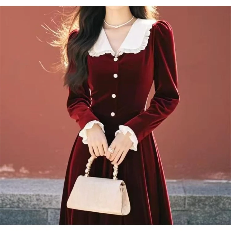 2025 lente herfst dames ruches patchwork wijnrood fluwelen lange jurk, dameskleding elegante vintage Franse veloursjurken