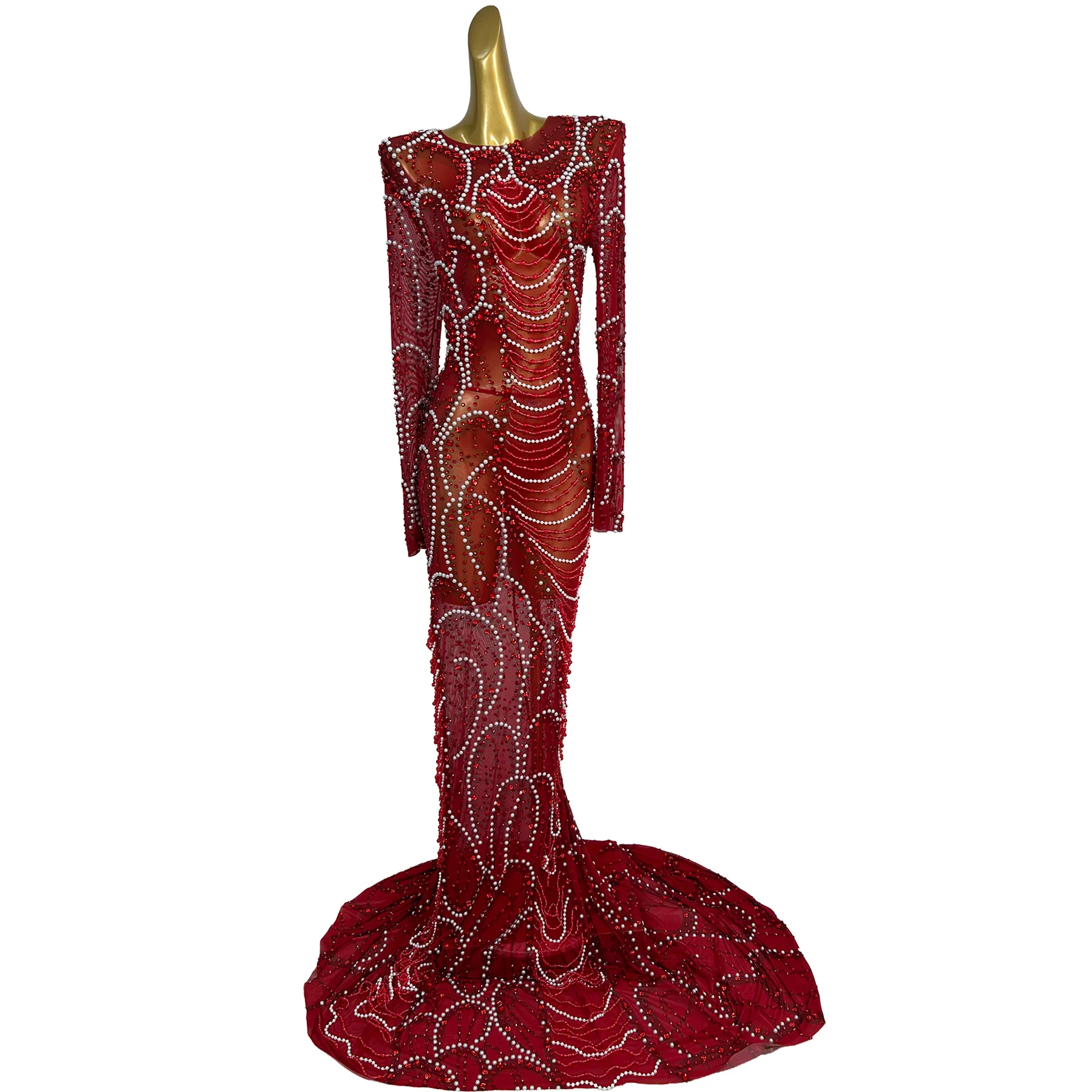 Yueshi Red Mesh Mermaid Gown with White Pearl and Red Rhinestone Wavy Pattern and Long Train for Gala Events