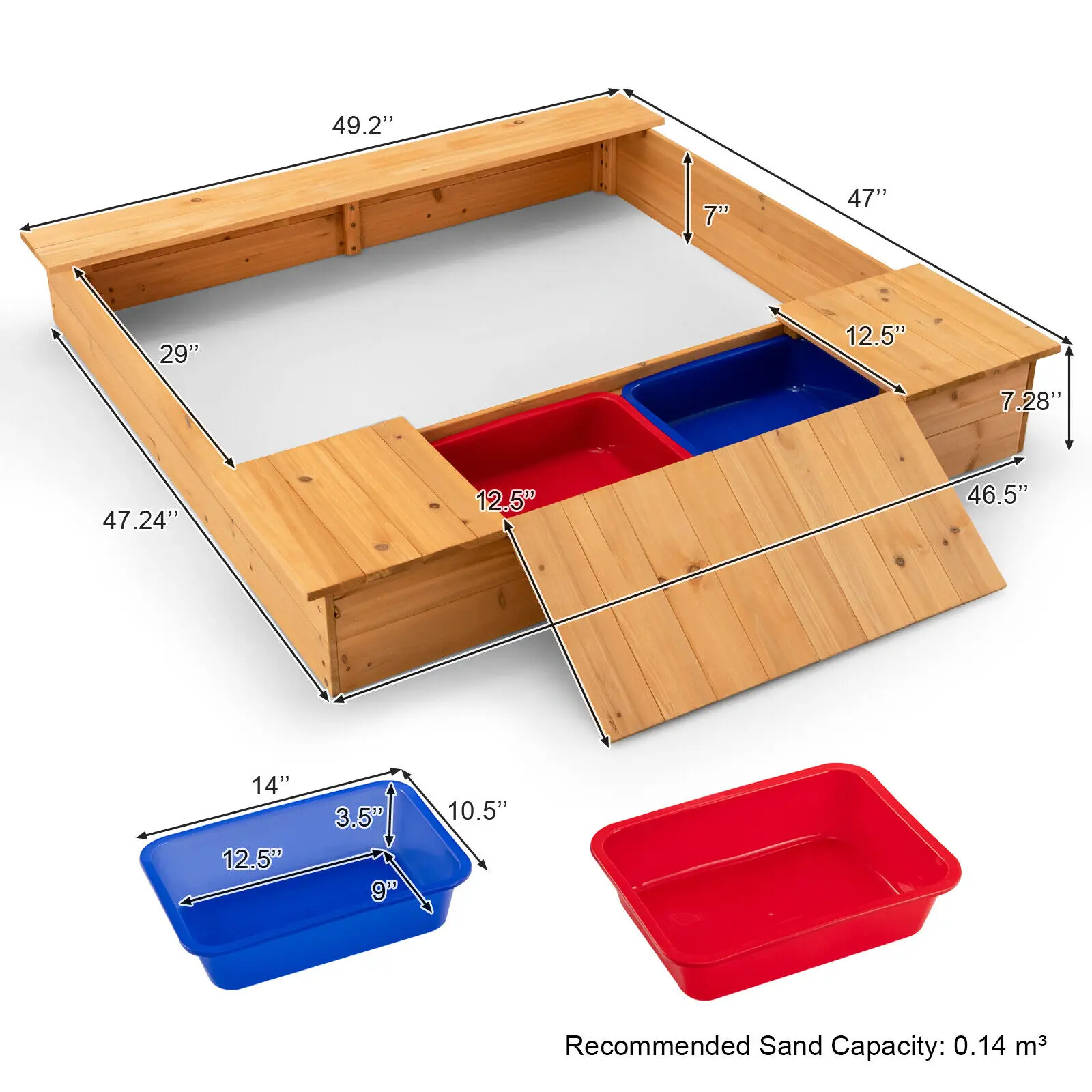 Costway Kids Wooden Sandbox w/ Bench Seats & Storage Boxes Children Outdoor Playset