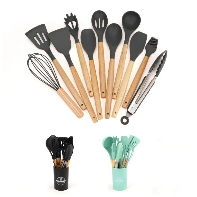 12Pcs Silicone Cooking Utensils Set Wooden Handle Non-stick Cookware Spatula Shovel Egg Kitchenware Beaters Kitchen Cooking Tool