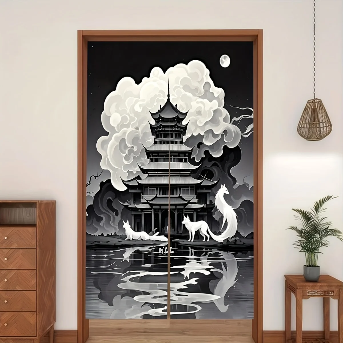 1 Piece Japanese Style Fox and Temple Door Curtain - Privacy Screen for Bedroom, Study, Balcony, Living Room