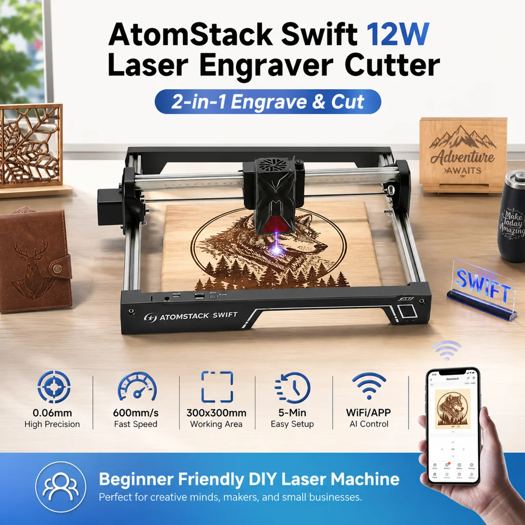 Graveur et découpeur laser AtomStack Swift 12W, 2-en-1 (gravure et découpe), haute précision 0,06 mm, vitesse rapide 600 mm/s, zone de travail 300x300 mm, installation facile en 5 minutes, contrôle WiFi/APP AI, pour bois, cuir, acrylique, machine laser DIY conviviale pour débutants