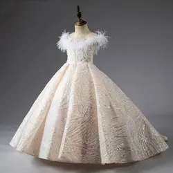 Jill Wish J029 Shiny Flower Girl Dress Champagne Pearls Beading Feathers Formal Gown for Birthday Wedding Party Show Honors Day