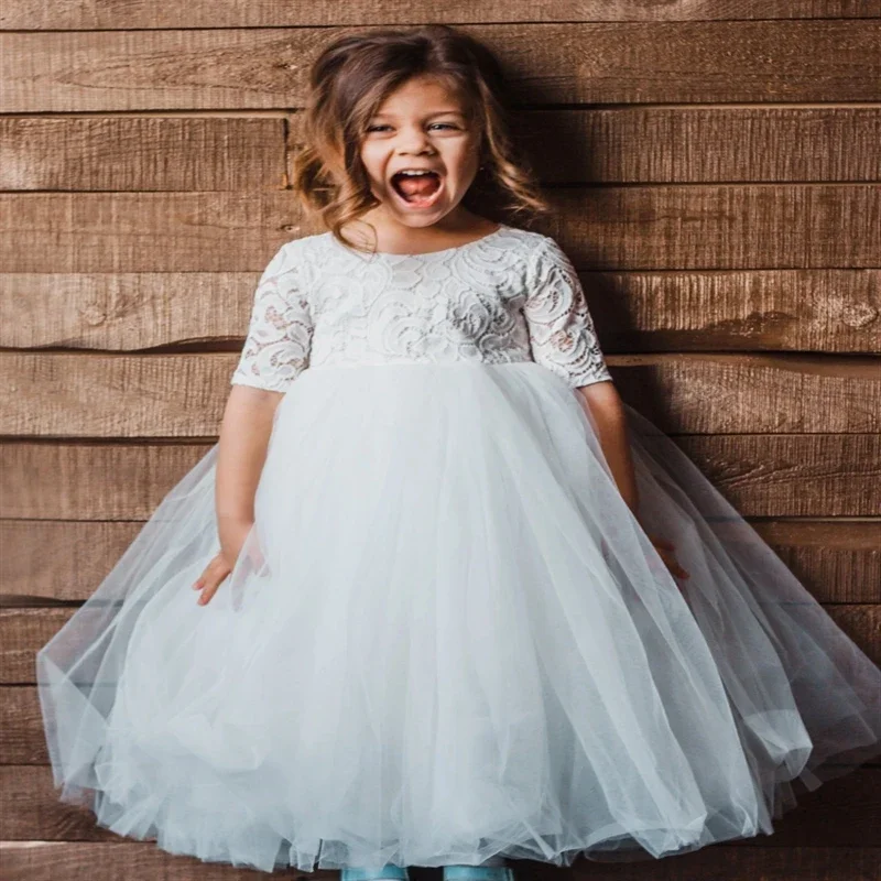 White Tulle Puffy Flower Girl Dresses  Appliques Half Sleeve For Wedding Birthday Party Banquet First Communion Gowns