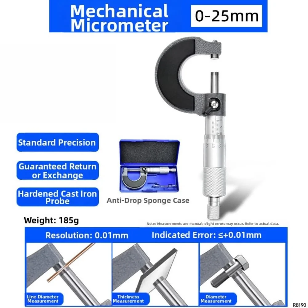 Mechanical Micrometer 0-100mm Range 0.01mm Graduation with Ratchet Stop for Thickness Diameter and Length Applications