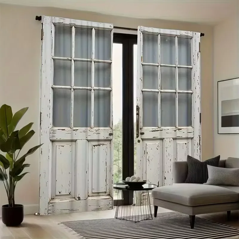 Distressed Farmhouse Style French Doors Curtains Pair Window Drapes Rustic Cottage Chic Sheer Light Filtering Panels