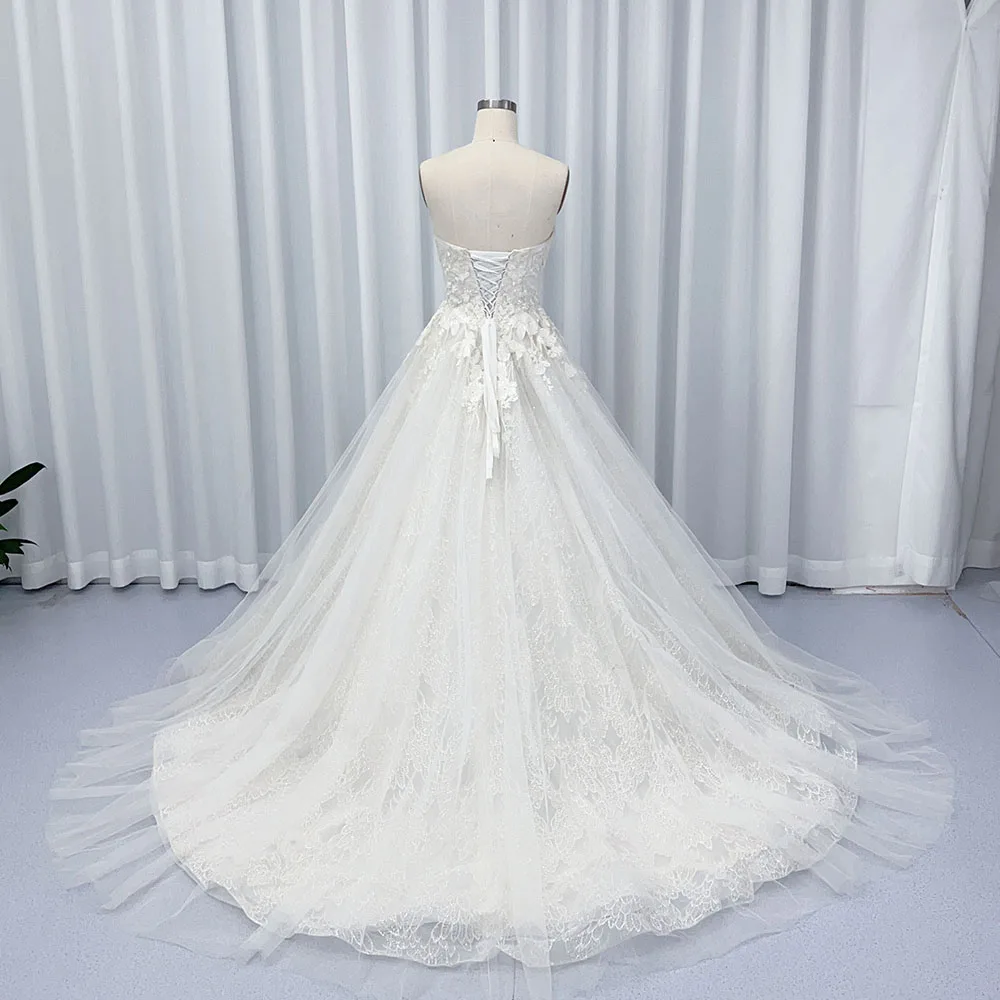 Simple Strapless Wedding Dresses A-line Backless Long Evening Gowns White Lace Brushstroke Trailing Dresses vestidos de novia