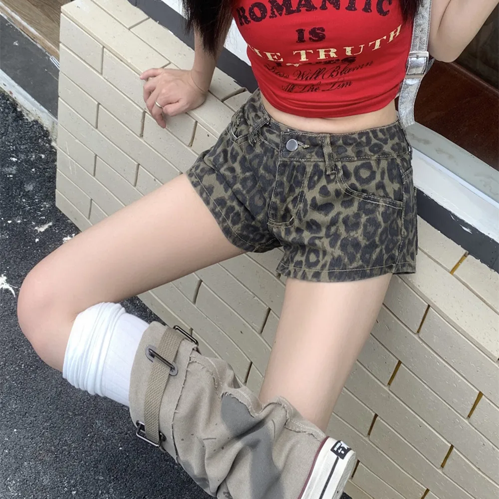 レディース Y2K ハイウエスト ジッパー ショートパンツ ファッション レオパード柄 ポケット付き ショートパンツ 2025 夏 ハイストリート シック
