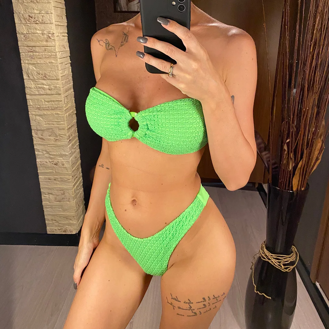 Gefalteter Bandeau-Bikini mit hohem Beinausschnitt, Damen-Badebekleidung, zweiteiliger Bikini-Set, trägerloser Badeanzug, Badeanzug, Schwimmanzug V3367 – Detail 38
