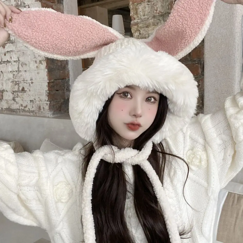 

Cute Rabbits Ears Hat New Lacing Woolen Bucket Hat Ear Protection Fashion Plush Hat Women