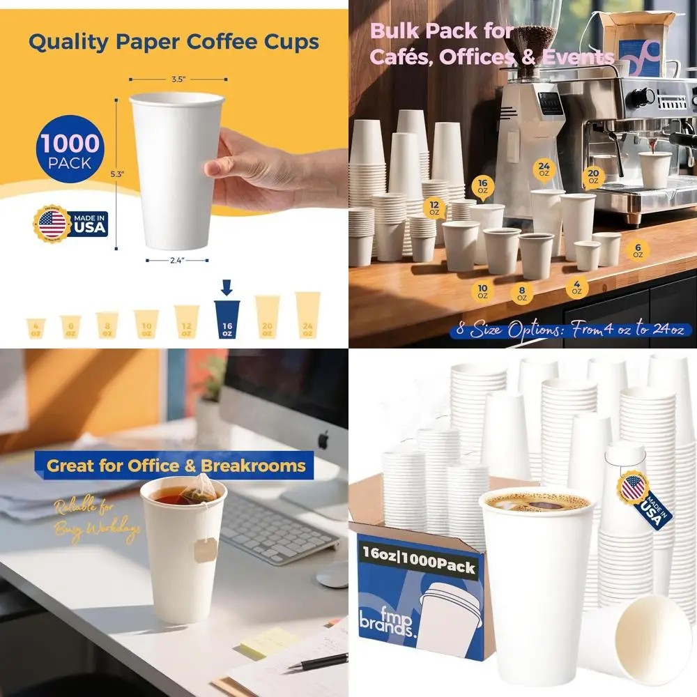 

1000 Pack 16 oz Disposable Paper Cups for Hot/Cold Beverages - Thickened Cups for Parties, Offices, and Home Use
