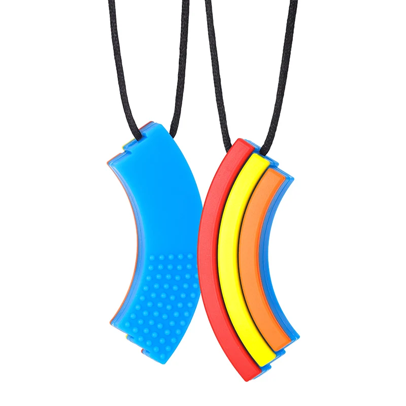 Baby Teether New Rainbow Chew Necklace Silicone Sensory Toy Teething Block Sticks Chew for Toddler Kids Autism Bite Set of 3