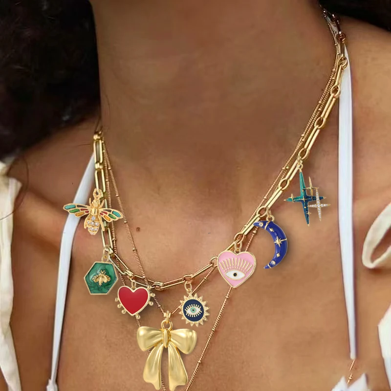 Cute Heart Bow Blue Eye Necklace for Women Gold Color Boho Sun Star Dije Diy Pendant Stainless Steel Chain High Quality