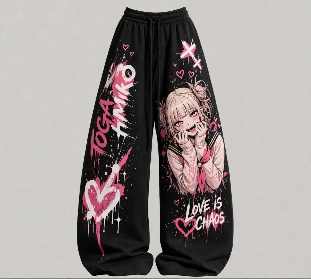 2026 Women's Anime-Print Wide-Leg Drawstring Pants — Y2K Pink Graffiti Loose Joggers — Harajuku-Style Casual Streetwear Pants