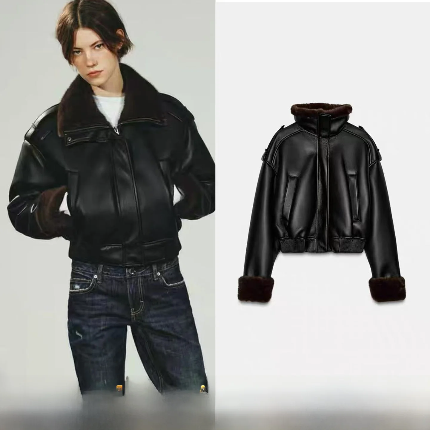

Spring New Women's Casual Faion Double-Sided Faux Leather Fur Inteated Pilot Jaet Coat Loose Fit Long Sve Zipper