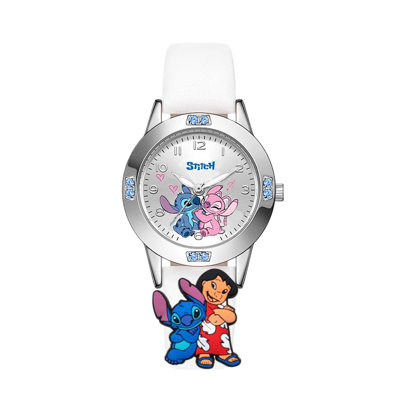 Cartoon Stitch Girl's Watches Diamond Quartz Watch for Women Stich Leather Wristwatches Fashion Steel Belt Watch Gift