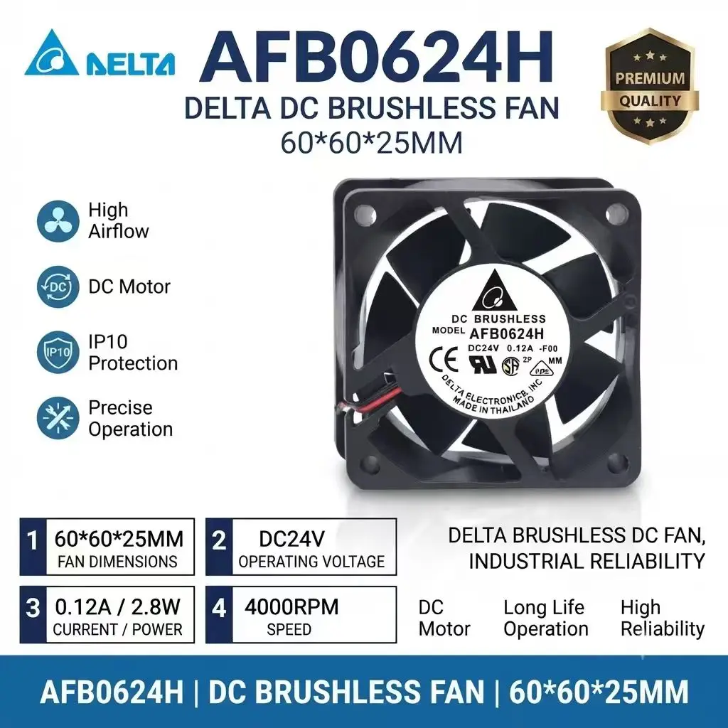 For DELTA AFB0624H DC Brushless Fan 60x60x25mm DC24V 0.12A 2.8W 4000RPM High Airflow Industrial Reliability Cooling Fan