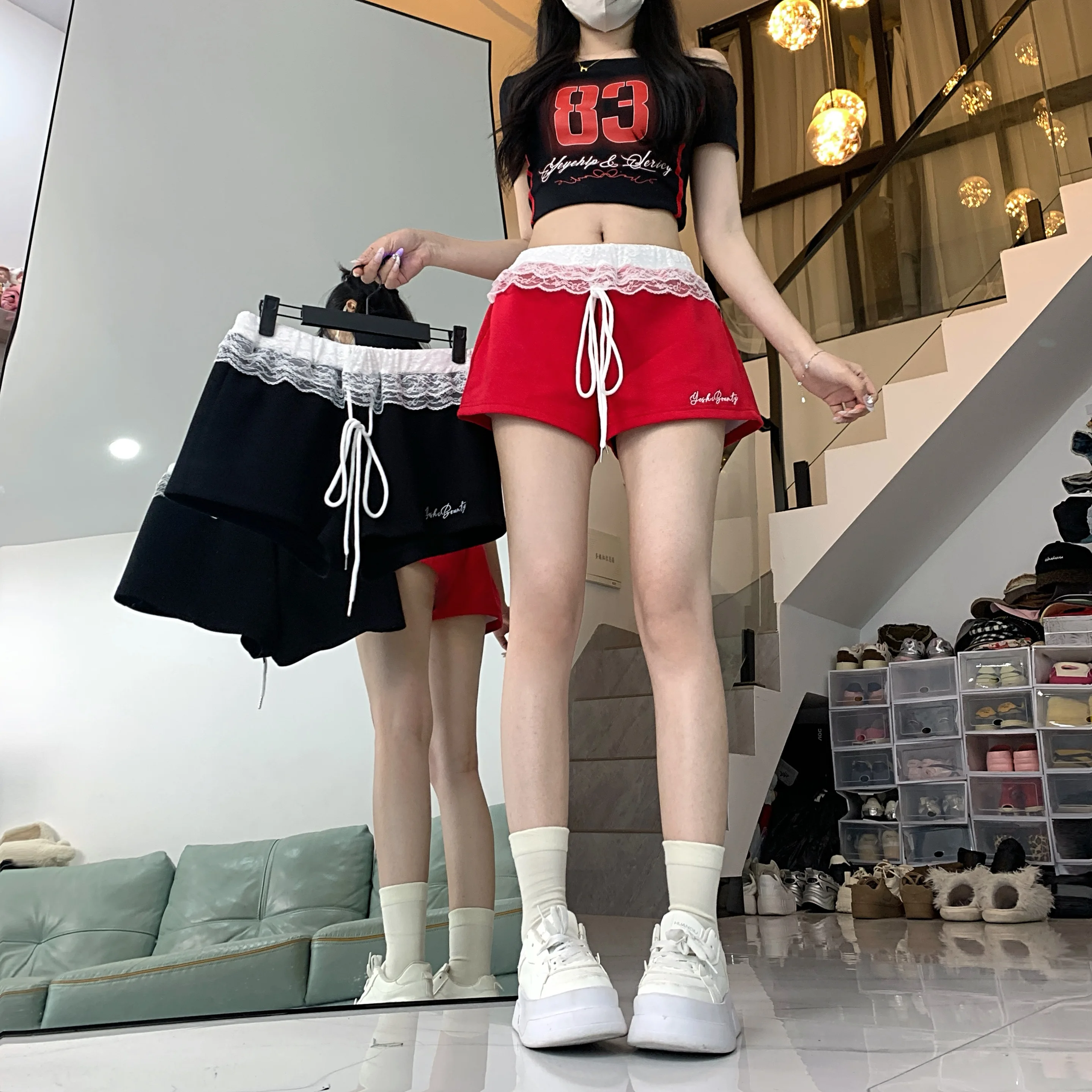 Red Lace Trim Embroidered Sporty Short Pants Women's Summer New Small Size Versatile Waist A-Line Wide Leg Hot Pants