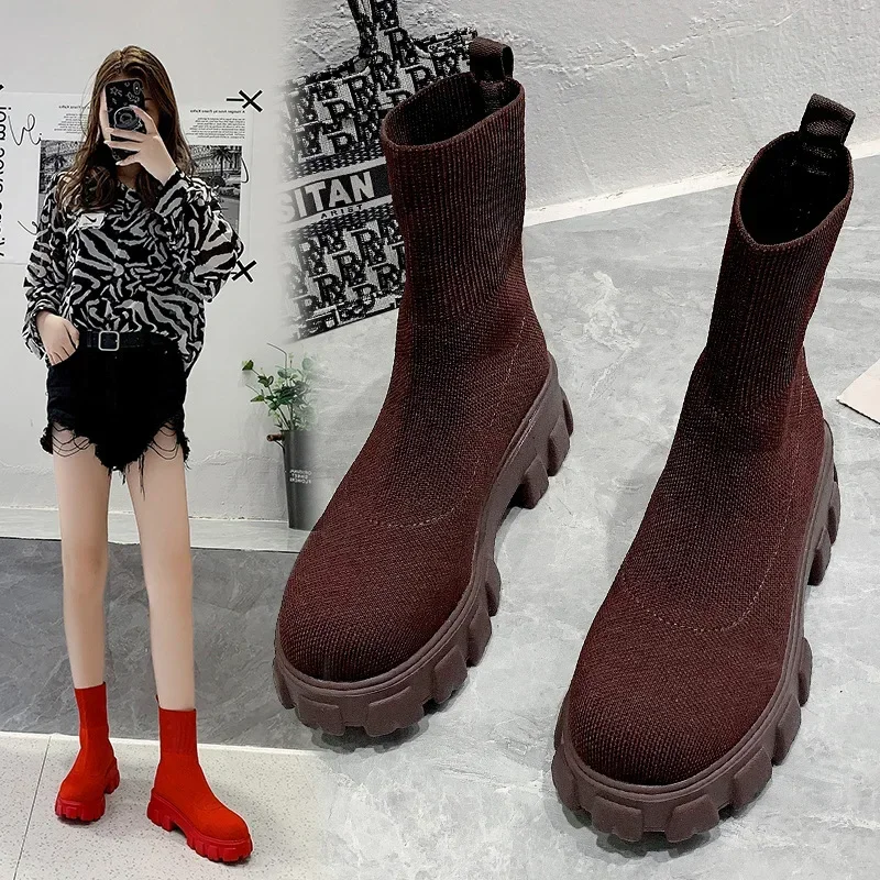 2022 Women Thick Soles Casual Large Red Knitted Ankle Boots Spring New Women\'s Socks Boots Ladies Botas De Mujer Shoes Female