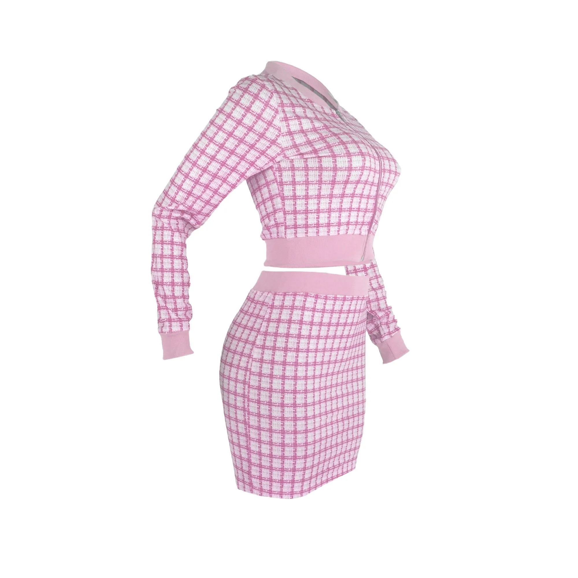 Elegant Plaid Matching Two-piece Set, Crop Zip Up Jacket & Bodycon Skirt Outfits, Women\'s Clothing