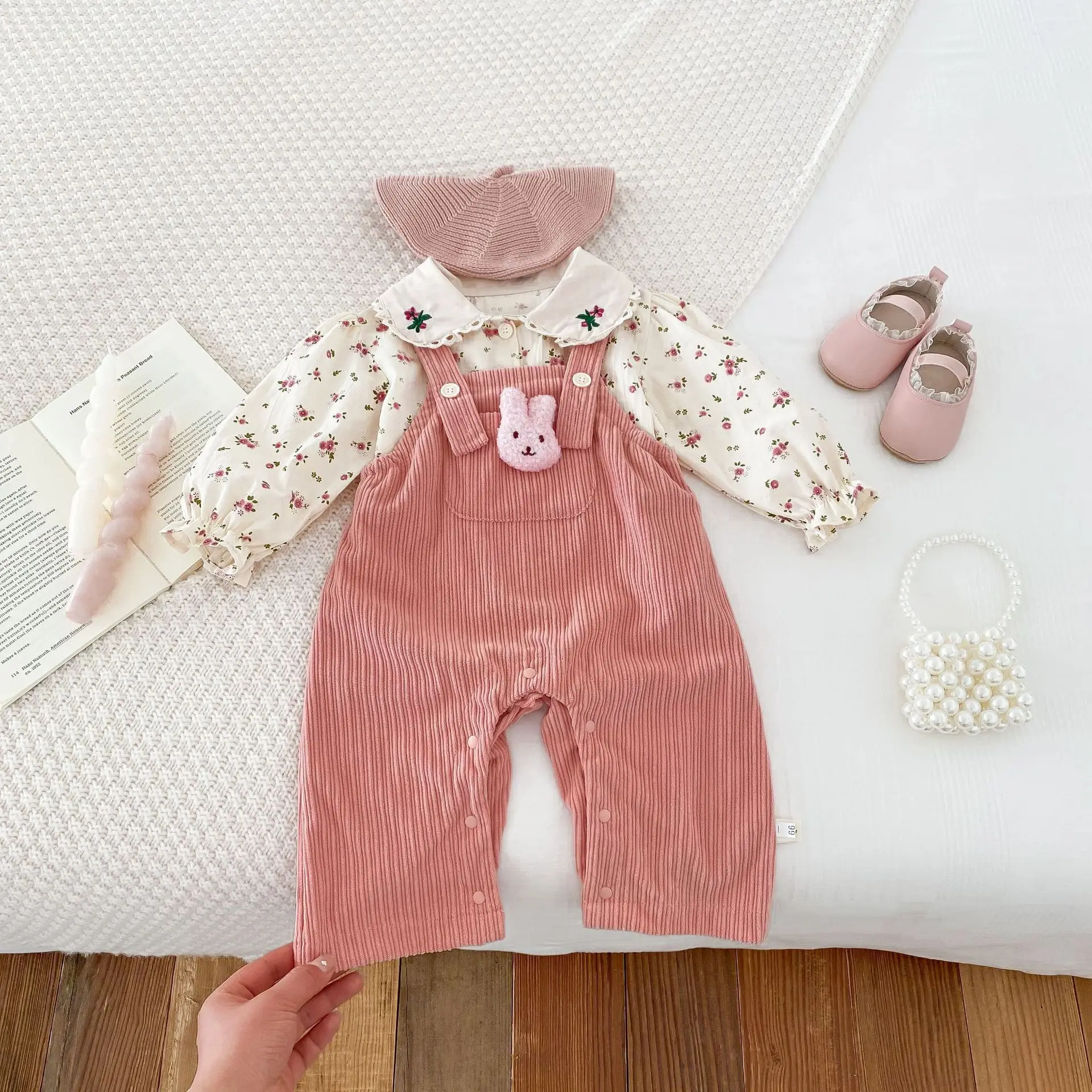 Autumn Newborn Infant Baby Girls Cartoon Corduroy Romper + Lapel Flower Shirt Rompers Kids Onepiece Fashion Baby Clothing