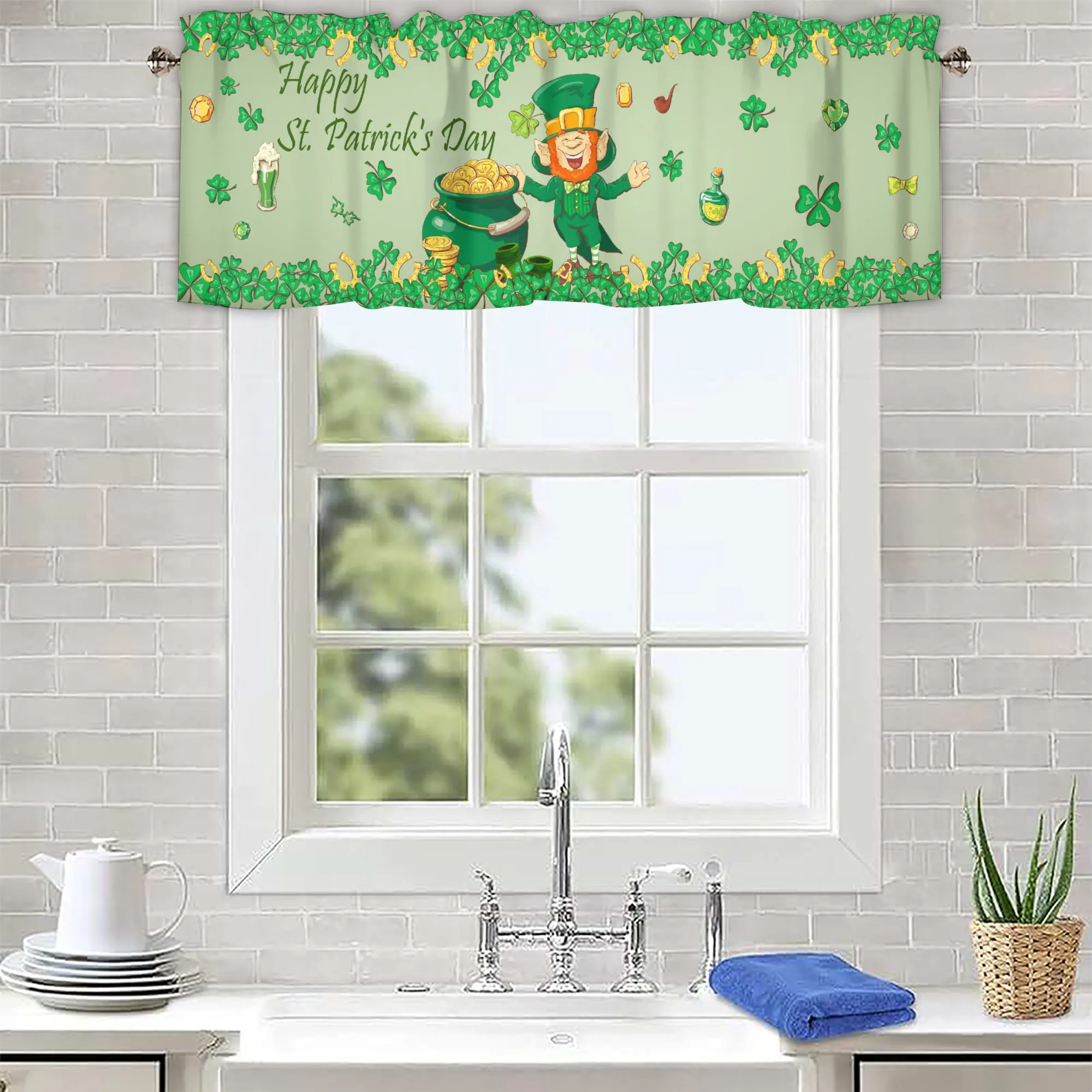 4 Panels Happy St. Patrick's Day Lucky Clover Kitchen Valances for Rod Pocket Short Curtains for Kitchen Window Bathroom Bedroom