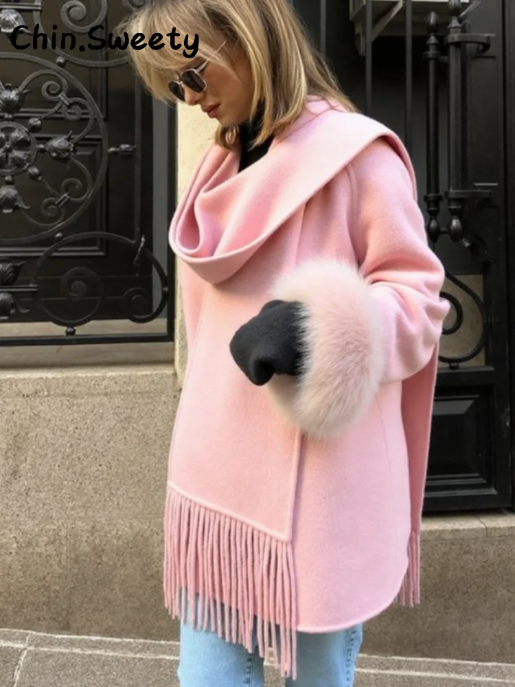 

Elegant Women's Pink Woolen Coats With Scarf Loose Fur Sleeve Single Breasted Pocket Female 2025 Autumn Winter Lady Warm Outwear