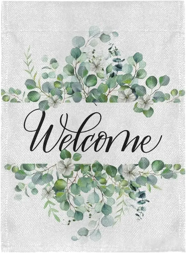 Welcome Spring Leaves Garden Flags for Outdoors 28x40 Inch Double Sided Summer Eucalyptus Green Plants Large Burlap Linen Vertic