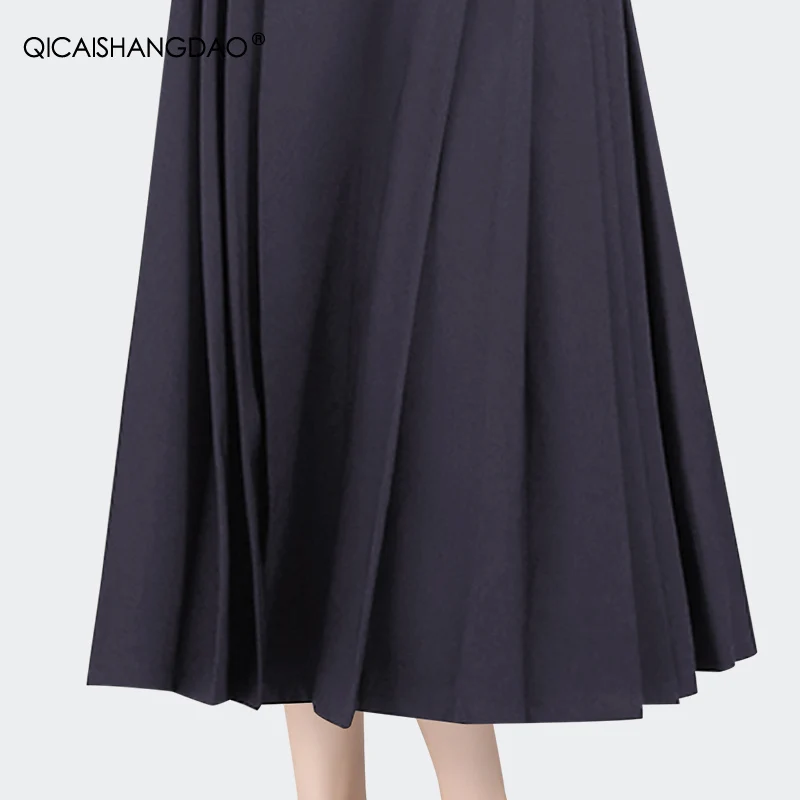 2024 Spring High Waist Pleated Long Skirt Grey-purple A-line Big Swing Elegant Retro Ladylike Casual Working Skirts