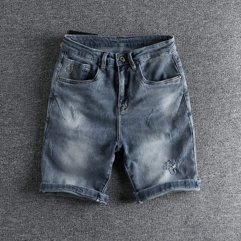 

Retro Blue Summer Denim Shorts Men's Washed Ripped 3D Tailoring Trendy Mid-Waist Zipper Casual Youth Popular Shorts