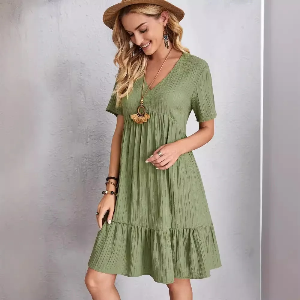 Casual Solid Color Women's Short Dress Short Sleeved V-neck Pullover Loose A-line Cake Skirt Summer Mini Dress New Product 2025