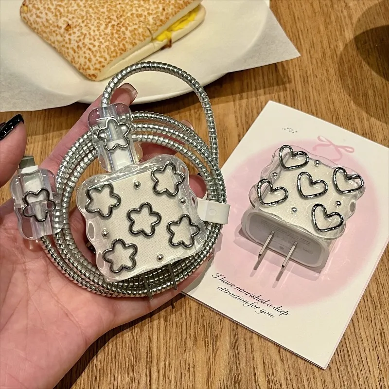 Cute 3D Silver Love Heart Wave Border USB Cable Protector Cover For iPhone 18W/20W Data Line Head Cord Fast Charging Case