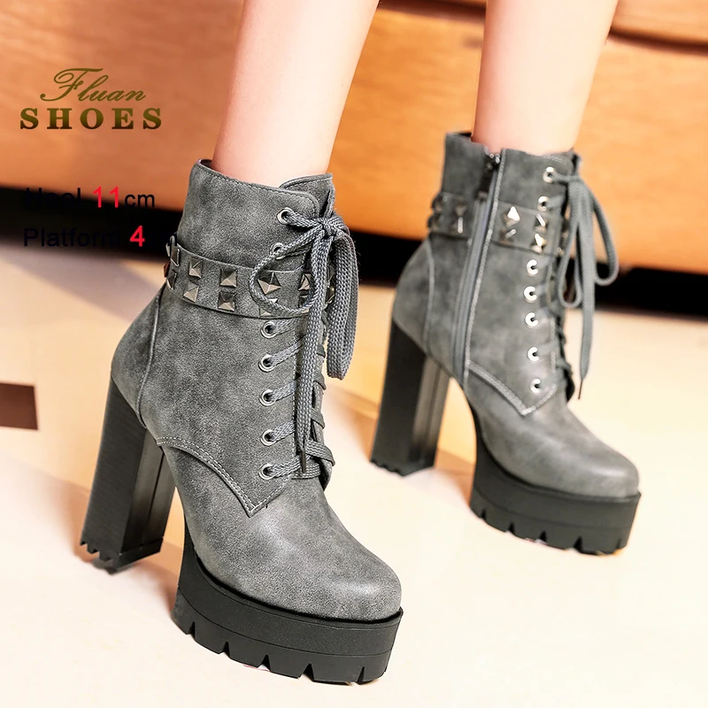 

Rivet Anti-Slip Platform Boots For Woman Side Zipper Lace-up Short Boots Chunky Heel 11CM Fashion Autumn Retro Roman Women Shoes