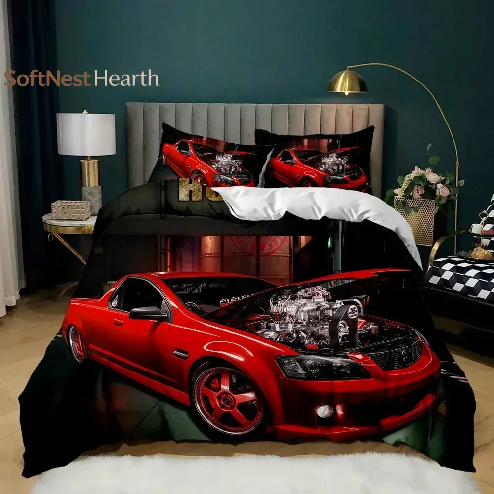 2026 Race Car Bedding Set Twin Size Burning Red Flame Duvet Cover Set 3D Sports Car Comforter Cover King 2/3pcs Polyester Quilt