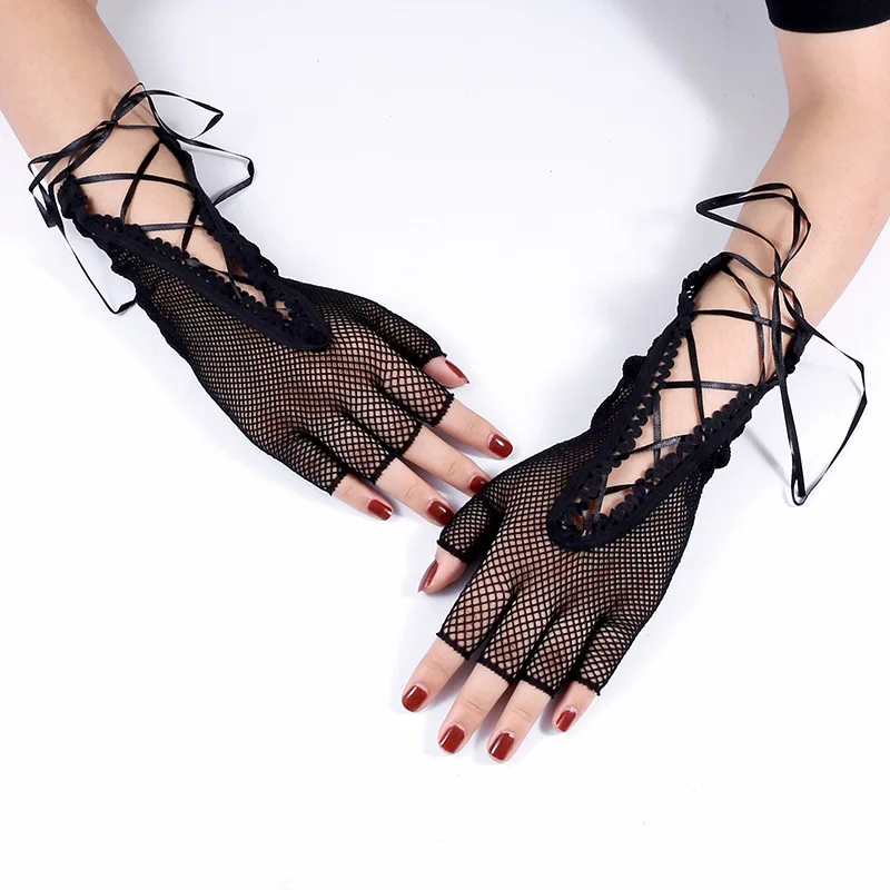 Women Sexy Lace Tie-up Half Finger Gloves, Hollow Out Mesh Gloves for Halloween, European Style Lace Decorative Gloves