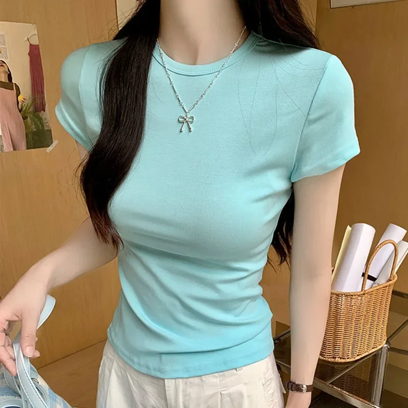 

Pop Basic Cotton Short Sleeve T-Shirt For Women Summer New Korean Fashion O Neck Tshirts Slim Crop Tops Casual Tee Shirt Femm