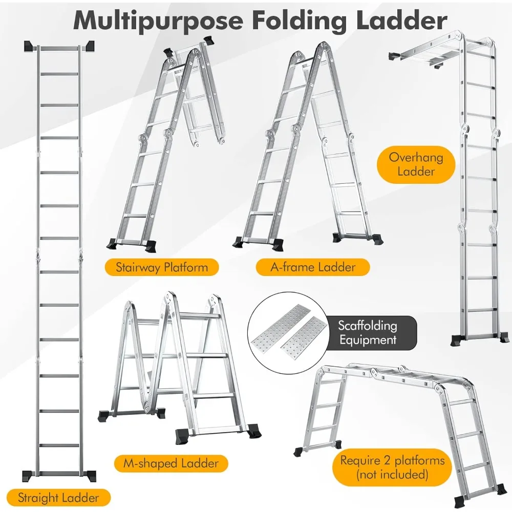 Folding Step Ladder 12.2 Feet, Multi-Position Aluminum Extension Ladder with Stabilizer and Non-Slip Feet for Versatile Use