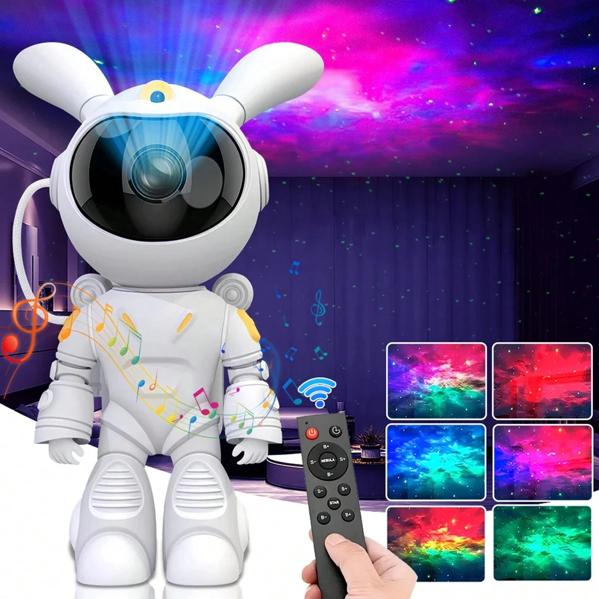 Conejo espacial Bluetooth astronauta luz de proyección del cielo estrellado cronómetro dormitorio ambiente decorado luz nocturna regalo infantil