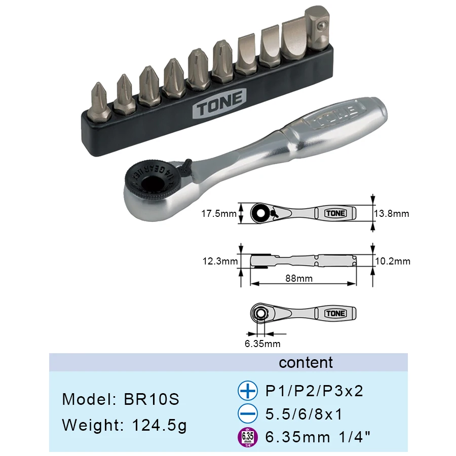 TONE BR10S Bit Ratchet Set Bit Insert 11-in-1Screwdriver Bit Set for Set PH/SL/HEX Screws Hand Tools