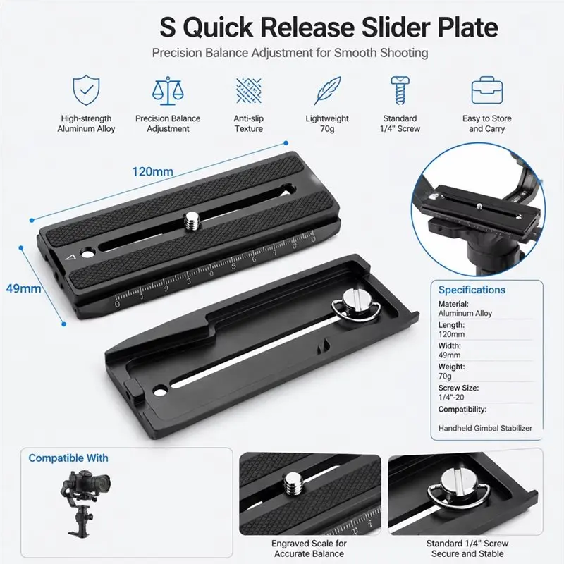 A52T Anti-Slip Gimbal Stabilizer 120Mm Quick Release Plate For DJI Ronin S Featuring 1/4 Inch Screw Ruler Scale Accessory