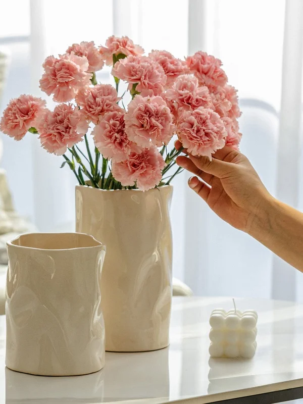 Elegant Ice Crack Ceramic Flower Vase Living Room Decorative Item Milk White Feng Shui Plant Holder Large Diameter Vase